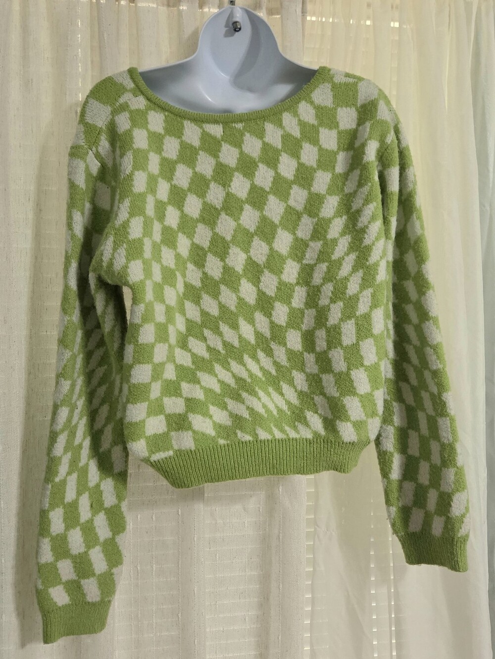 Witty Fox Lime Green & White Checkerboard V-Neck Sweater - Picture 3 of 6